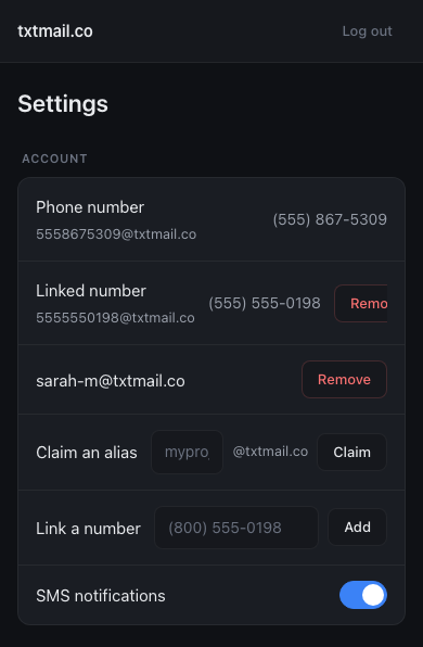 Pro account settings showing a linked delivery number, a custom alias, and inputs to add more
