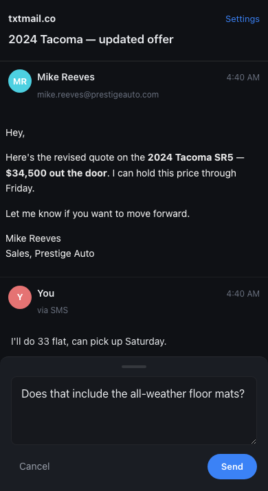 Thread view showing an earlier SMS reply and the web reply composer open with a draft message and Send button