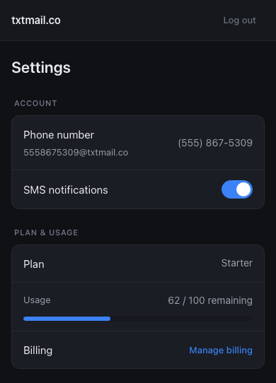 Settings page showing the current plan, a usage bar with credits remaining, and billing link