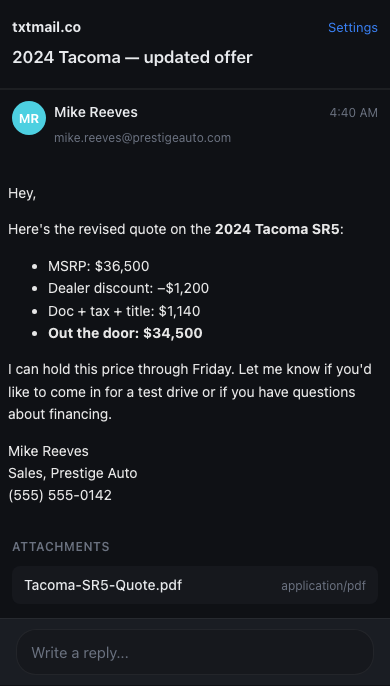 Private thread view showing the full email with sender avatar, message body, and a PDF attachment